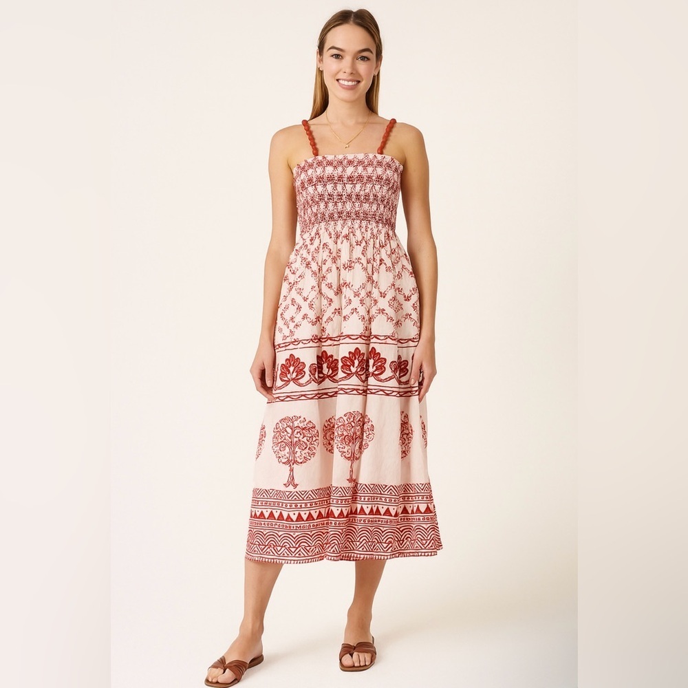 Ash & Eden Midi Dress Women’s Small Smocked Tiered Embroidered Coral Tropical